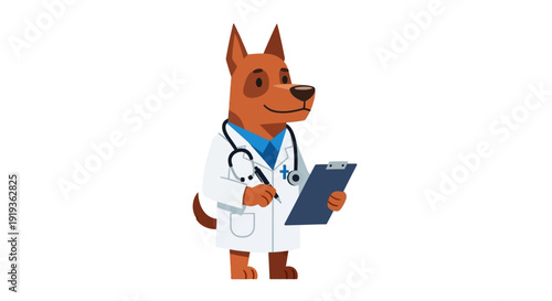 Illustration of a dog dressed as a doctor holding a clipboard and wearing a stethoscope.