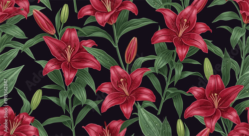Seamless pattern of red lilies with green leaves on dark background