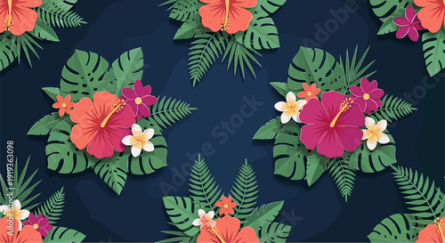Tropical floral pattern with vibrant hibiscus and monstera leaves on dark background