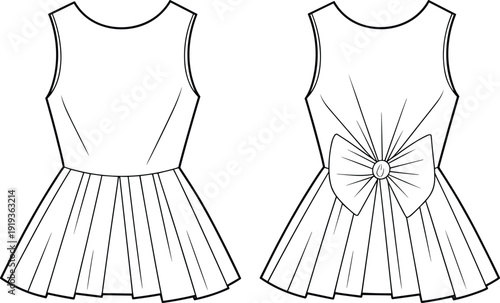 Cute girls pleated dress flat vector illustration with sleeveless bodice, round neckline, and large decorative back bow design