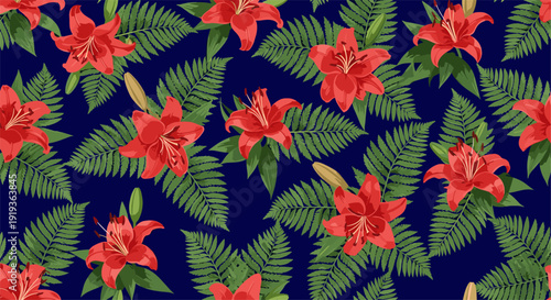 Vivid floral pattern with red lilies and green ferns on dark background