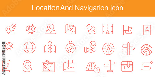 Location 24 line icon set. Geolocation, home, map, map pin, destination, directions, distance, place, navigation, gps, directions, address, tracking and more. Vector illustration