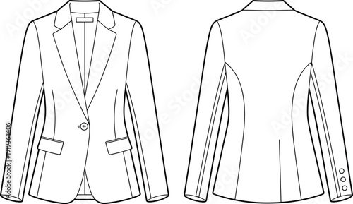 Technical CAD drawing flat vector illustration of womens tailored blazer jacket front and back view with notched lapel flap pockets one button clean apparel template