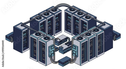 Cluster of interconnected server racks with cables.