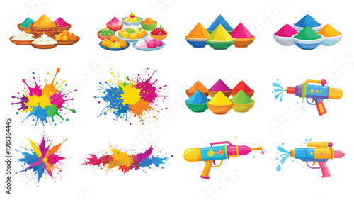 Colorful Holi Festival: Holi themed elements, featuring, colorful, powder, water guns, water, colour, indian, traditional, sweets,