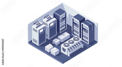 Isometric illustration of a data center with servers and storage devices.