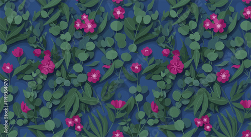 Colorful seamless floral pattern with green leaves and pink flowers on deep blue background
