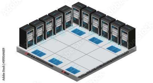 Data center server room with multiple computer servers and storage systems.