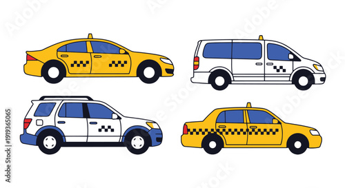 Taxi Vehicles Line art color illustration creative composition
