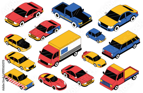 This colorful isometric illustration displays a diverse fleet of vehicles, including sedans, trucks, and vans, representing urban transportation and logistics services.