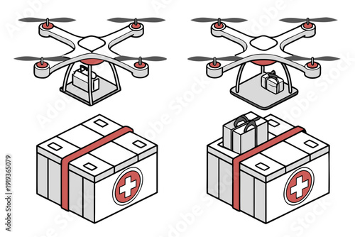 A detailed isometric illustration of drones poised above medical supply boxes, emphasizing advanced logistics and rapid delivery in healthcare and emergency services.