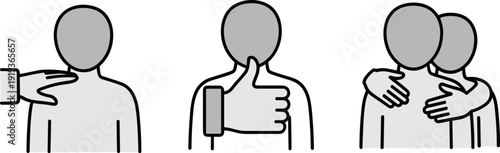 Three simple icons depicting human connection, support, and approval with minimalist figures