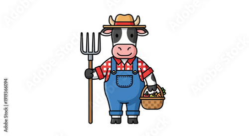 Cartoon cow dressed as a farmer holding a pitchfork and basket of eggs.