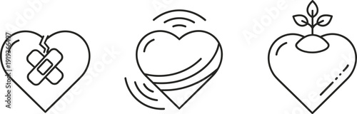 Three heart icons representing healing, love, and growth on a white background