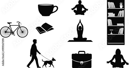 Lifestyle silhouette icon illustration, balanced living artwork, activity design vector, wellness composition, leisure symbol, modern lifestyle concept