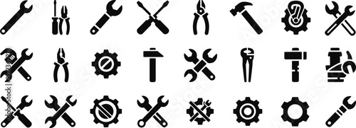 Tools and mechanical silhouette icon set, wrench, screwdriver, pliers, hammer, gears, repair, maintenance, engineering, vector illustration