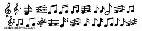 Music note icon set with treble clef staff notation and musical symbols, black silhouette vector collection isolated on transparent background