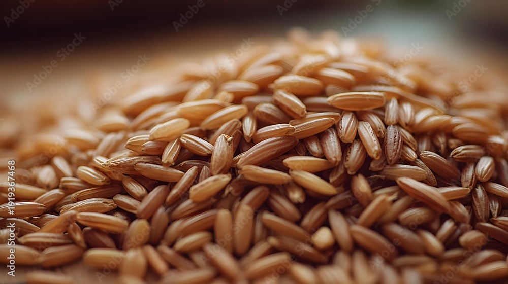 Obraz premium Close up of uncooked brown rice grains piled on a wooden surface showcasing its natural texture and color