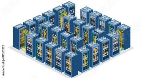 Multiple blue server racks arranged in a grid formation with various colored cables.