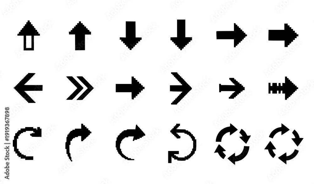 Fotografie 8 bit pixel arrow icon set retro arcade navigation vector collection
