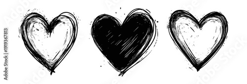 Sketch heart love symbol collection with hand drawn doodle outlines and ink texture, black vector set isolated on transparent background