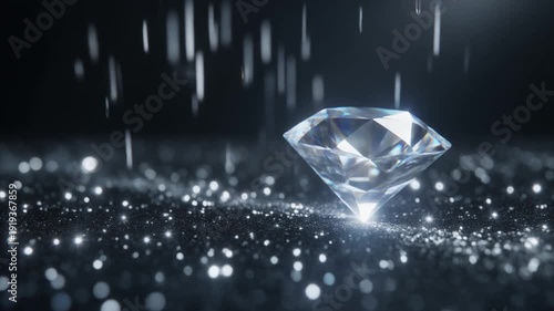 A brilliant cut diamond sparkles on a dark surface covered in fine silver glitter with falling light particles and soft bokeh