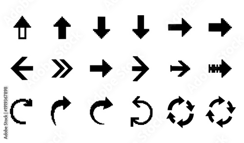 8 bit pixel arrow icon set retro arcade navigation vector collection