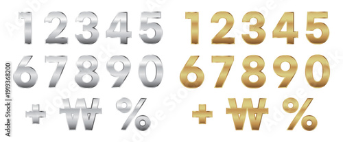 Metallic Gold and Silver 3D Numbers with Plus, Won and Percent Symbols