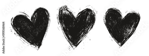Rough black brush stroke heart set with grunge hand drawn love symbols, vector illustration isolated on transparent background
