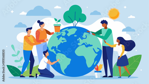 people around the world save the world Diverse group of people collaborating to protect and sustain the global environment.