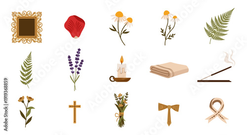 Collection of religious and spiritual symbols including cross and candle