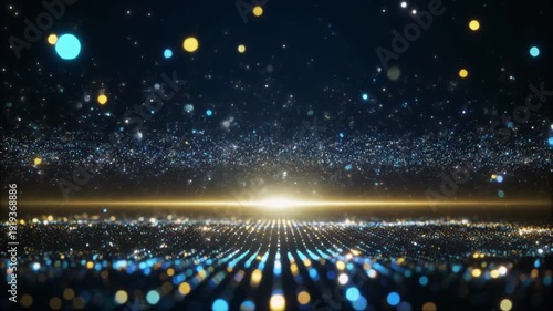 A vast expanse of glittering particles in blue, gold, and white creates a cosmic or celebratory background with a bright golden horizon light