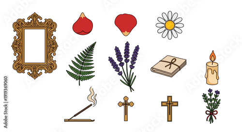 Collection of religious symbols and decorative objects