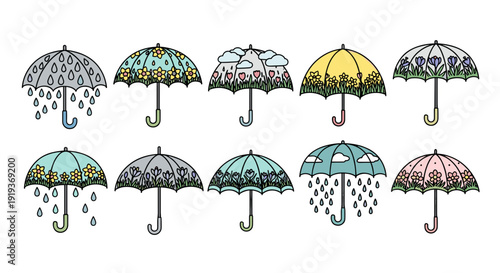 Collection of colorful umbrellas with raindrops