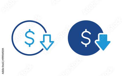 Dollar sign with down arrow for price decrease or cost reduction