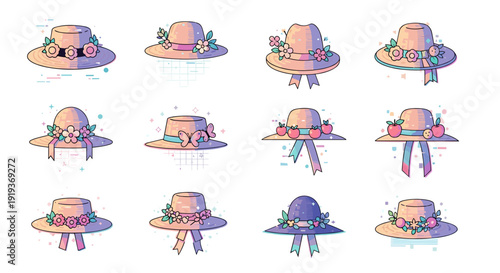 Collection of colorful illustrated hats with various styles and designs