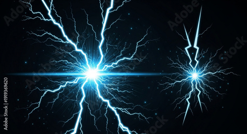 Electric blue lightning bolts striking in the dark night sky with bright energy sparks and vibrant glowing effects
