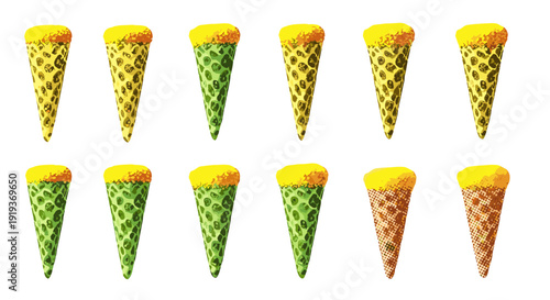 Collection of colorful ice cream cones with waffle pattern