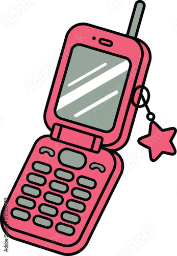 Retro Pink Flip Phone Vector Icon: Y2K Mobile Device with Star Charm.