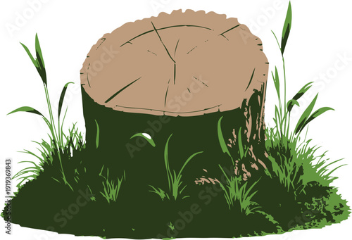  Freshly cut tree stump with visible growth rings, small grass around base 2