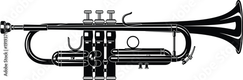 Black trumpet silhouette vector illustration, classic brass musical instrument icon, detailed jazz orchestra trumpet design isolated on white background