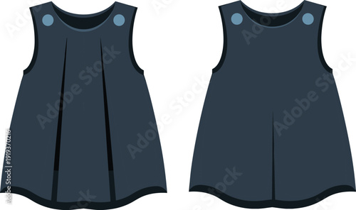 Cute toddler pleated dress design, sleeveless round neck, back front view, cad flat vector sketch, baby clothing fashion illustration