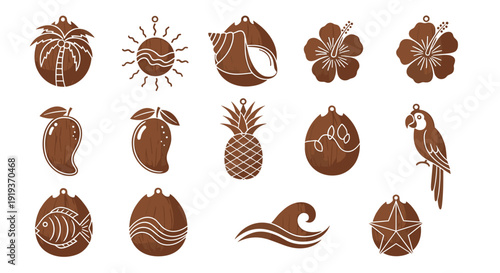 Collection of brown silhouette icons representing various fruits and nature
