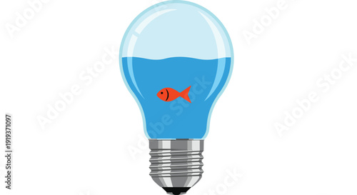 Whimsical light bulb containing clear blue water and a small orange goldfish, creatively illustrating concepts of ideas, imagination, life, and environmental thought.