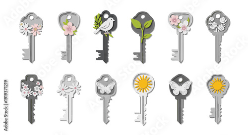 Set of twelve vintage keys with floral and natureinspired designs