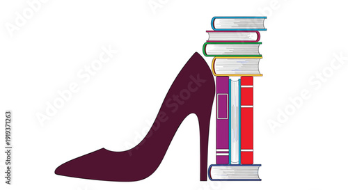 Stylish high heel shoe with a stack of colorful books forming its heel, cleverly blending fashion and literature, symbolizing knowledge, elegance, and intellectual empowerment.