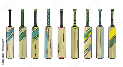 Collection of colorful baseball bats arranged in a row