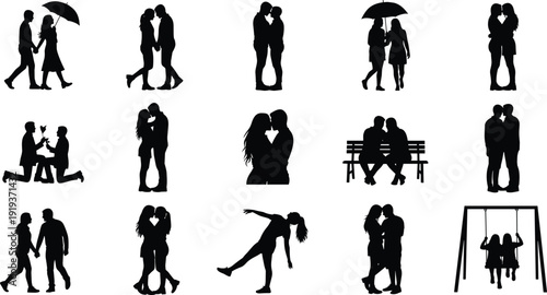 Black silhouettes of diverse romantic couples in various poses including walking with umbrella marriage proposal sitting on bench and hugging isolated on white