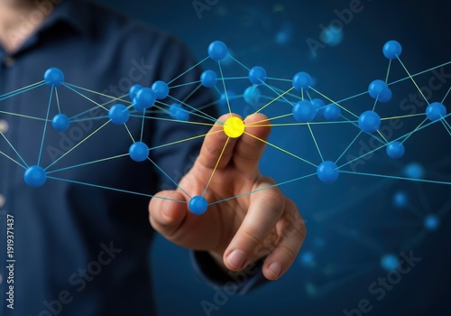 A person interacting with a complex network of interconnected nodes on a digital screen.