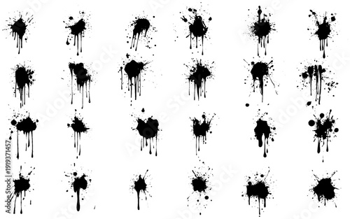 Dripping paint, dripping stains set. Black drop paint, sauce stains, circle oil blobs, liquid chocolate, round ink splash. Vector illustration